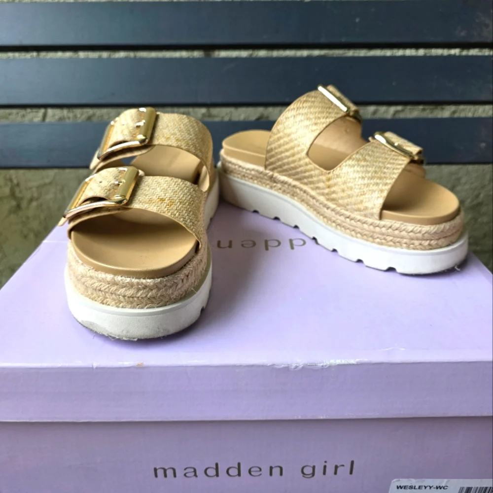Madden Girl Mythical Slides Double-Buckle Sandals Woven Women's Sz. 6.5 - Picture 1 of 8